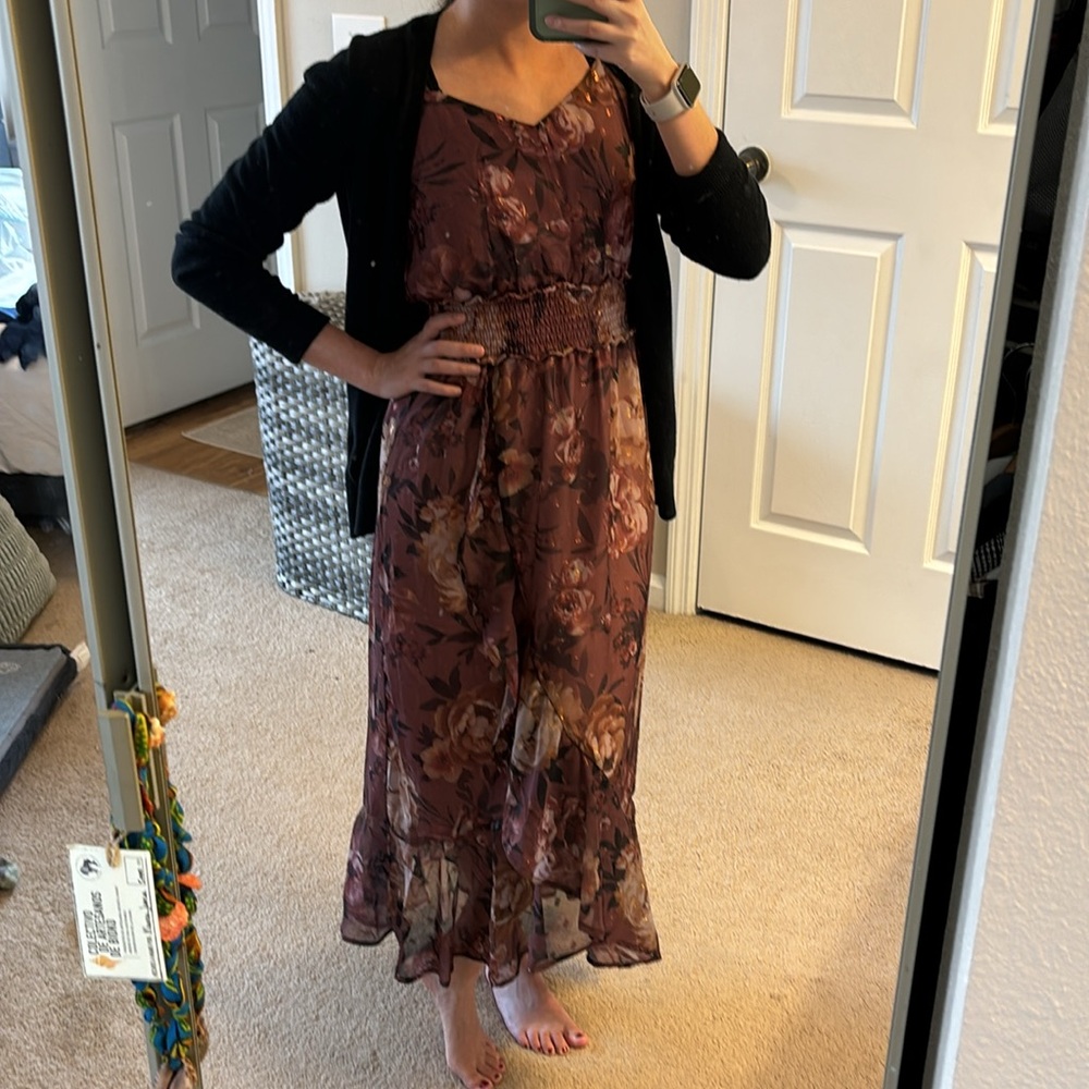 XS maroon floral ruffle dress